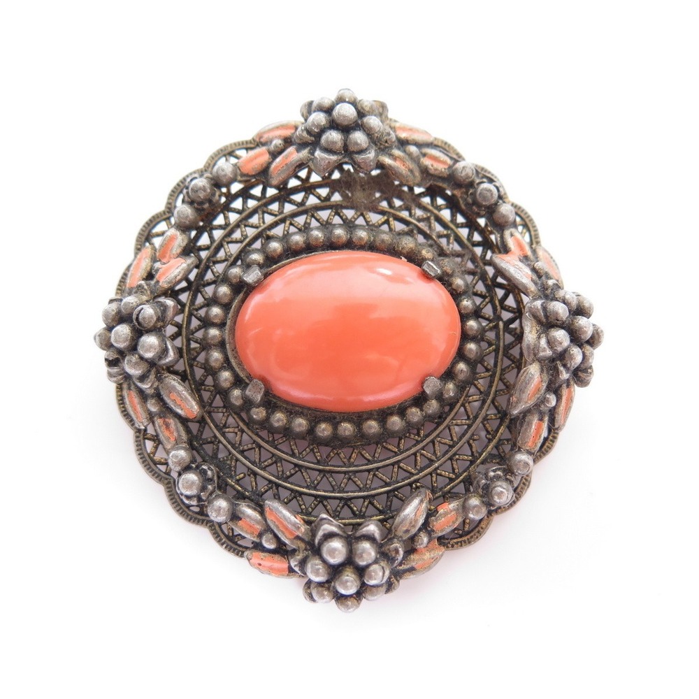 Vintage Czech Art Deco Nouveau Faux Coral Glass Floral‎ Silver Plated Brooch Pin